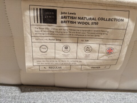 John Lewis British Natural Collection British Wool 5750 Pocket Sprung Mattress label